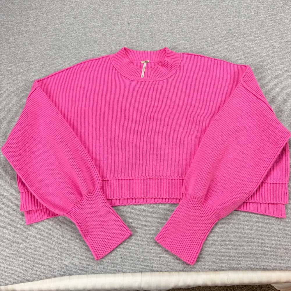 Free People Hot Pink Ribbed Knit Crop Sweater Mock Neck Boxy Mens M - Picture 11 of 16